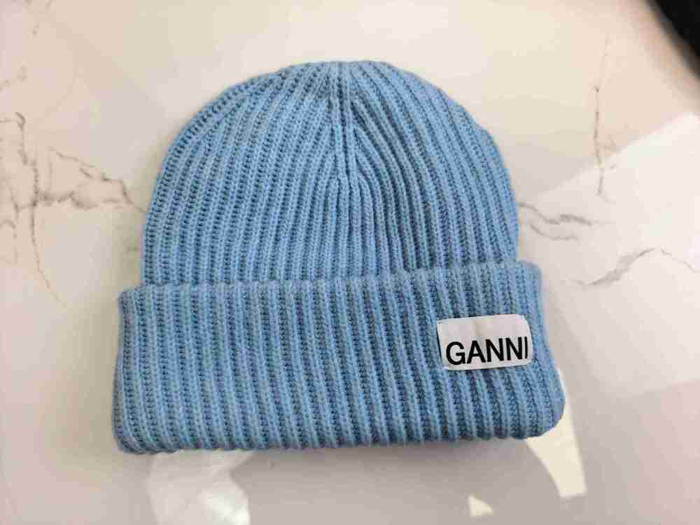 GANNI Sky Blue Ribbed Cuff Beanie Signature Woven Logo Tag Knit Hat